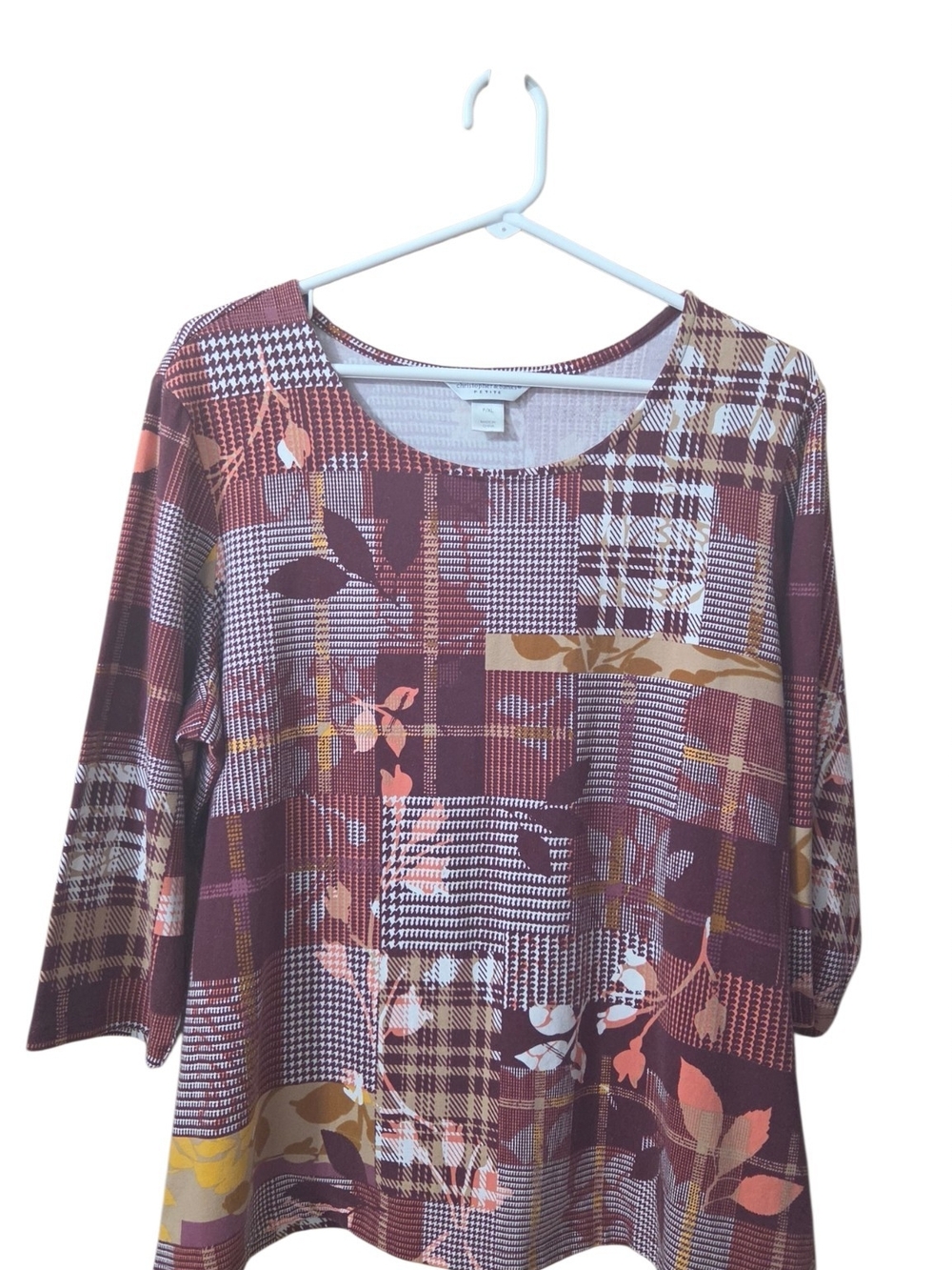 Christopher& Banks Burgundy Patchwork Plaid & Floral Long Sleeve Top